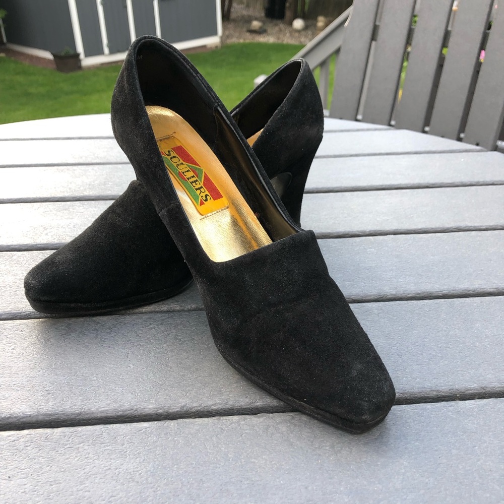 Black Suede Slip-On Suede Heels by Souliers